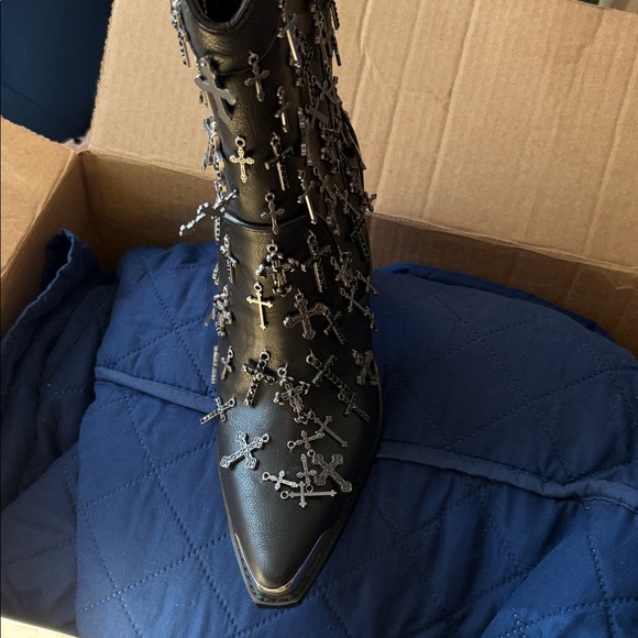 Dolls Kill Black Cross Embellished Heeled Boots - Picture 3 of 3